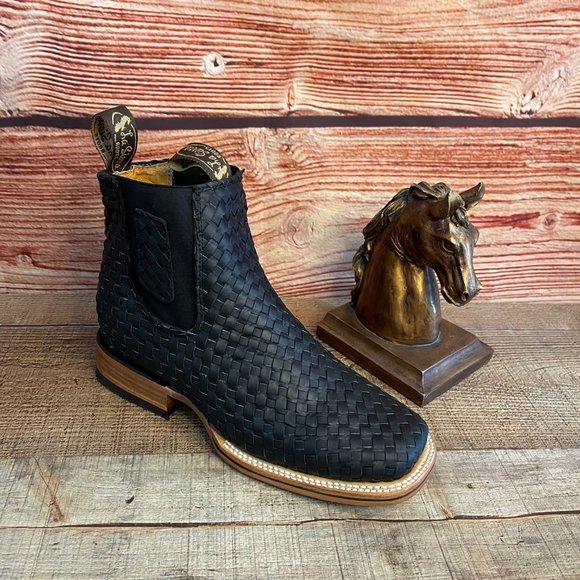 Men Western Square Toe Cowboy ANKLE BOOT Woven Braided Botin Vaquera Tejida Piel main image 5